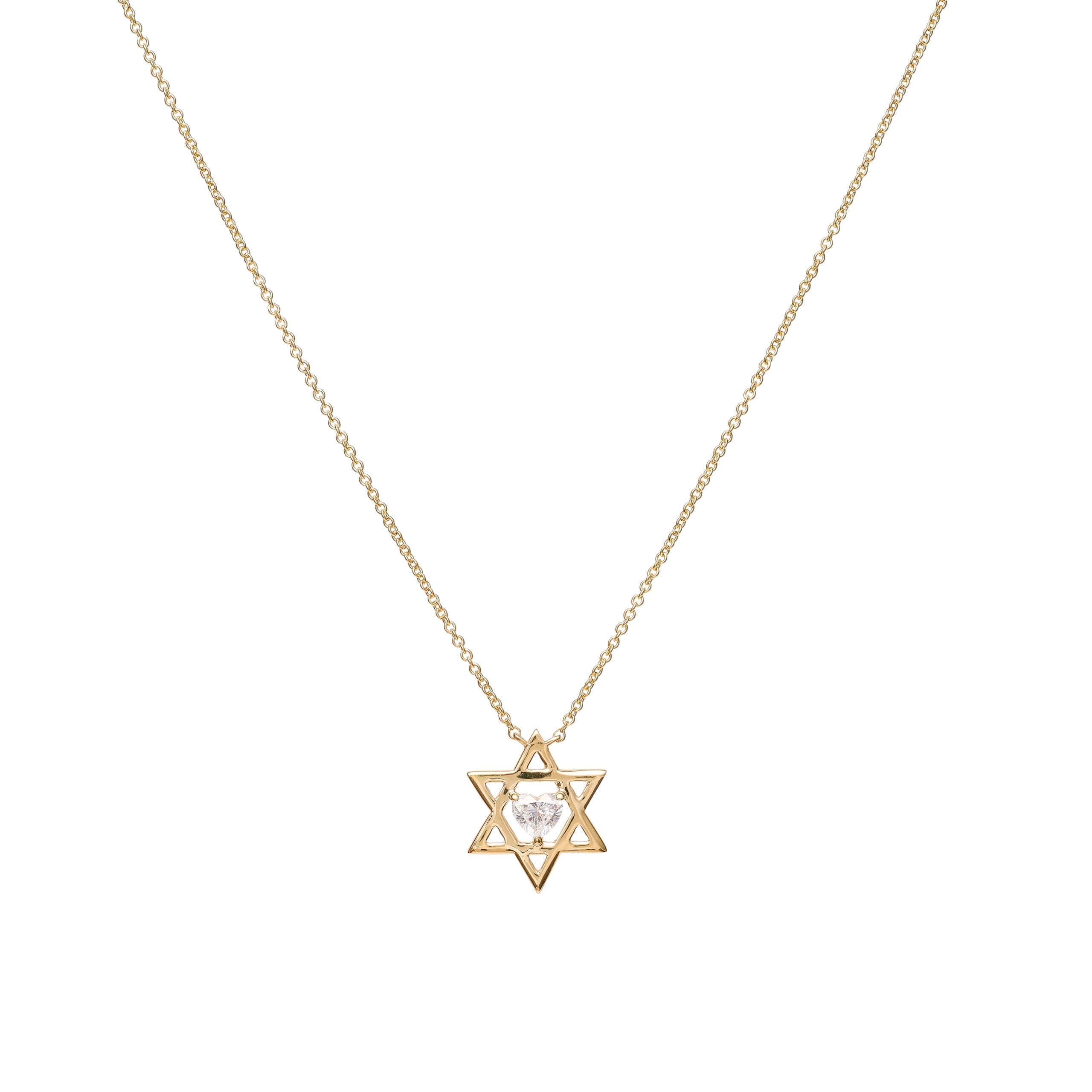 Floating Heart Diamond Star of David Necklace Yellow Gold