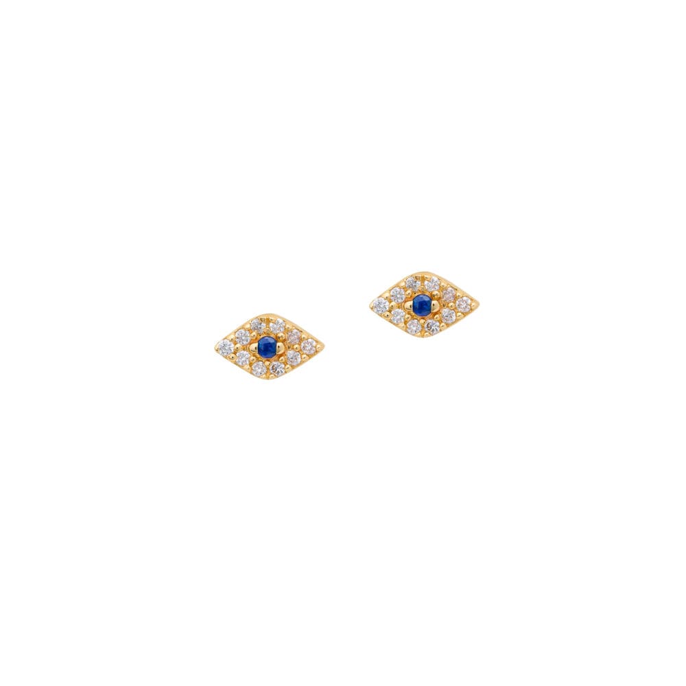 Mini Diamond Evil Eye Studs with Sapphire Yellow Gold
